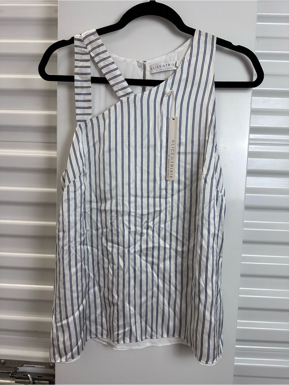 Alice & Trixie White and Navy Striped Asymmetric Tank